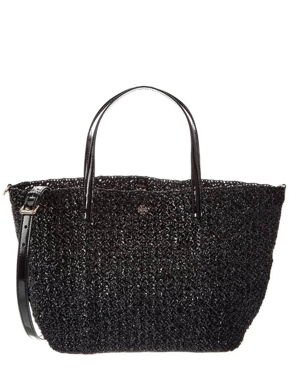 TORY BURCH Emerson Lacquered BLACK Raffia Small Tote